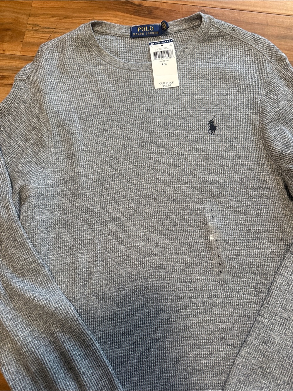 Ralph Lauren Light Gray Waffle-Knit Crewneck Sweater with Polo Pony 9